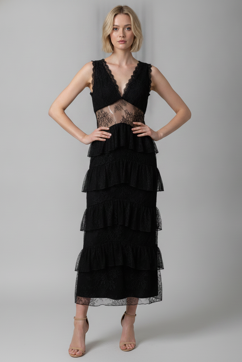 MIDNIGHT ROMANCE LACE TIERED MIDI DRESS