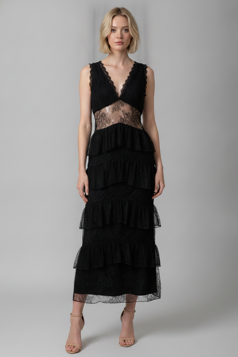 MIDNIGHT ROMANCE LACE TIERED MIDI DRESS