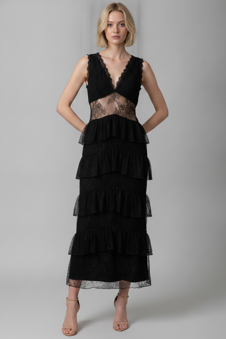 MIDNIGHT ROMANCE LACE TIERED MIDI DRESS