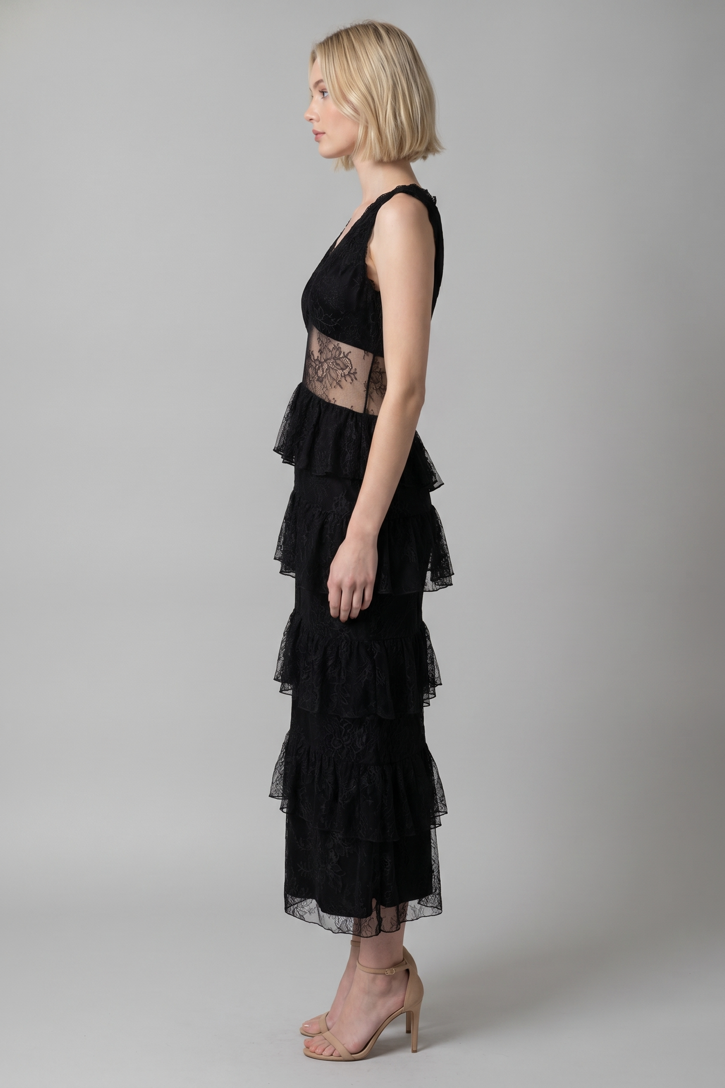 MIDNIGHT ROMANCE LACE TIERED MIDI DRESS