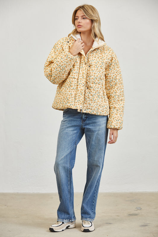 FLORAL SHERPA PUFFER JACKET - CREAM MULTI