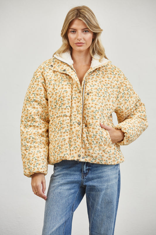 FLORAL SHERPA PUFFER JACKET - CREAM MULTI