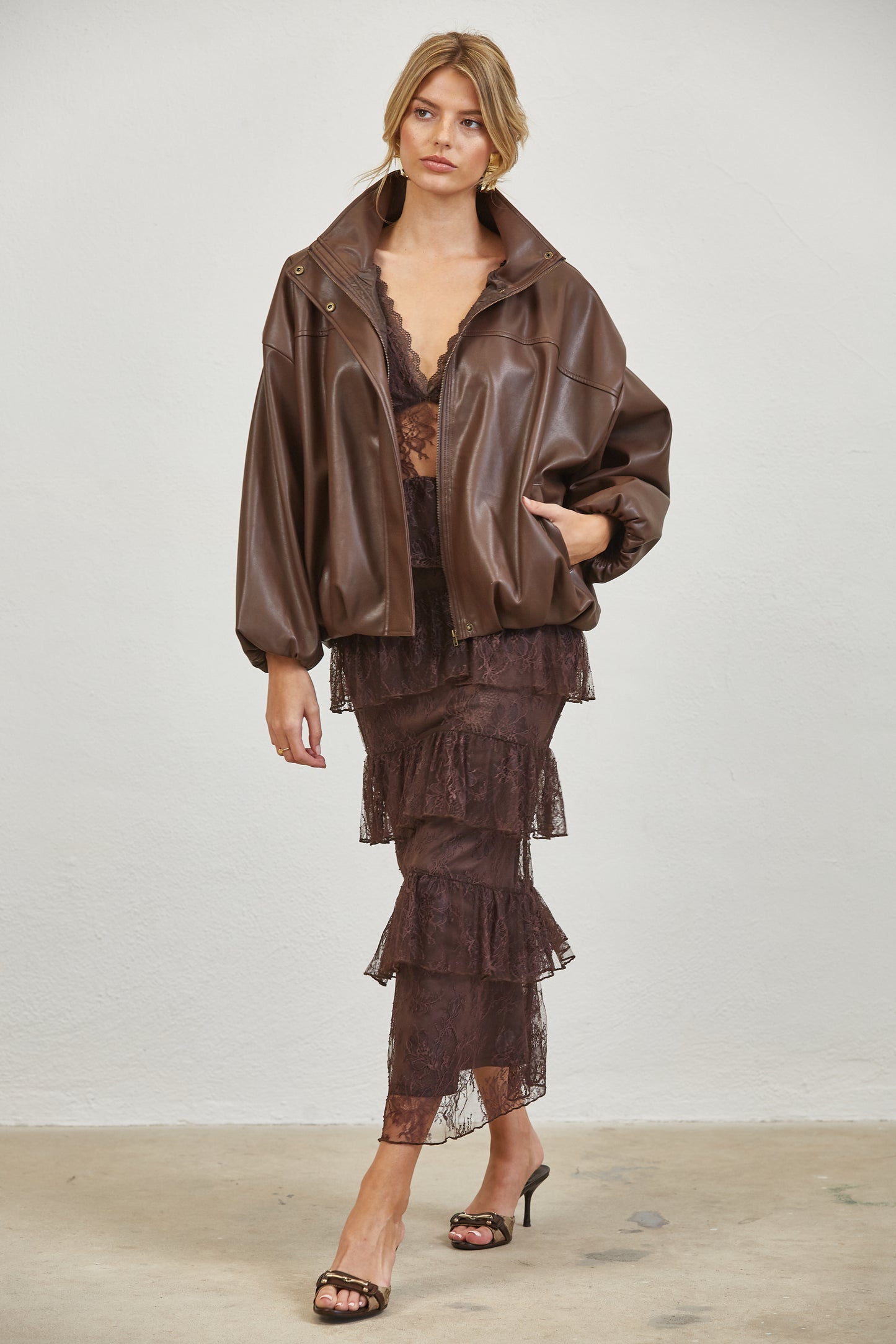 FUNNEL NECK FAUX LEATHER BOMBER JACKET