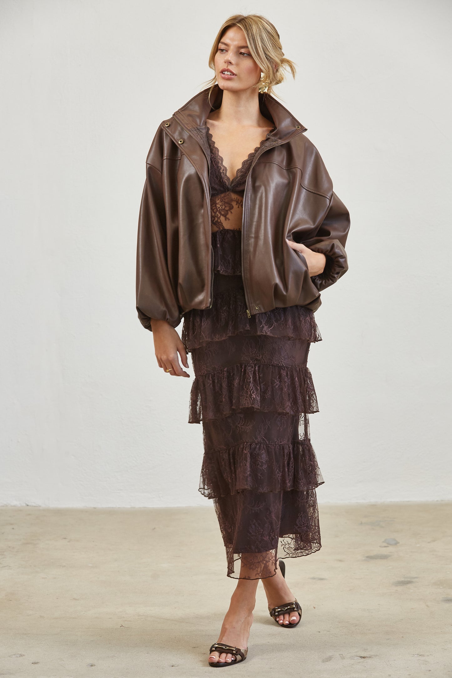 FUNNEL NECK FAUX LEATHER BOMBER JACKET