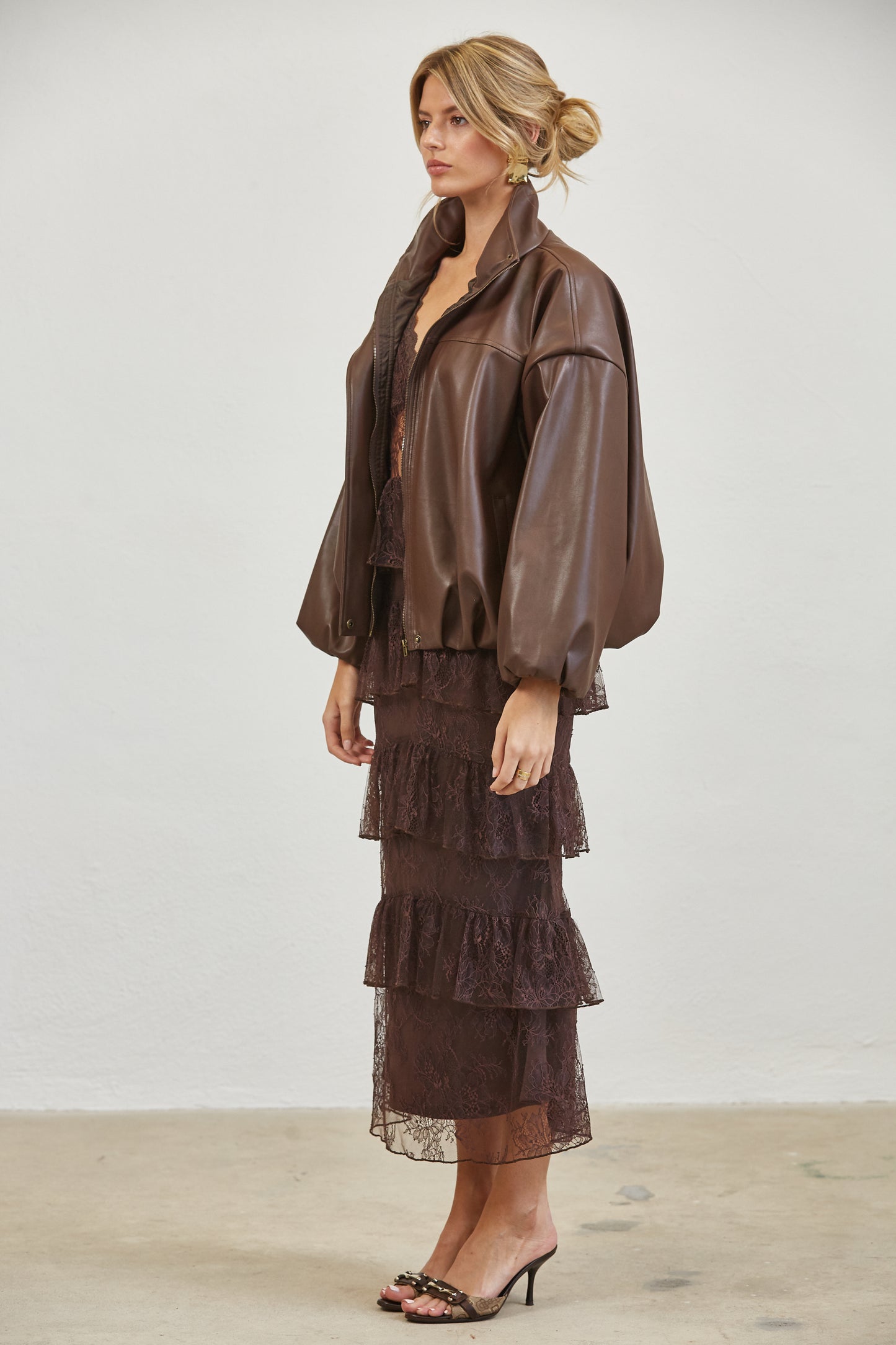 FUNNEL NECK FAUX LEATHER BOMBER JACKET