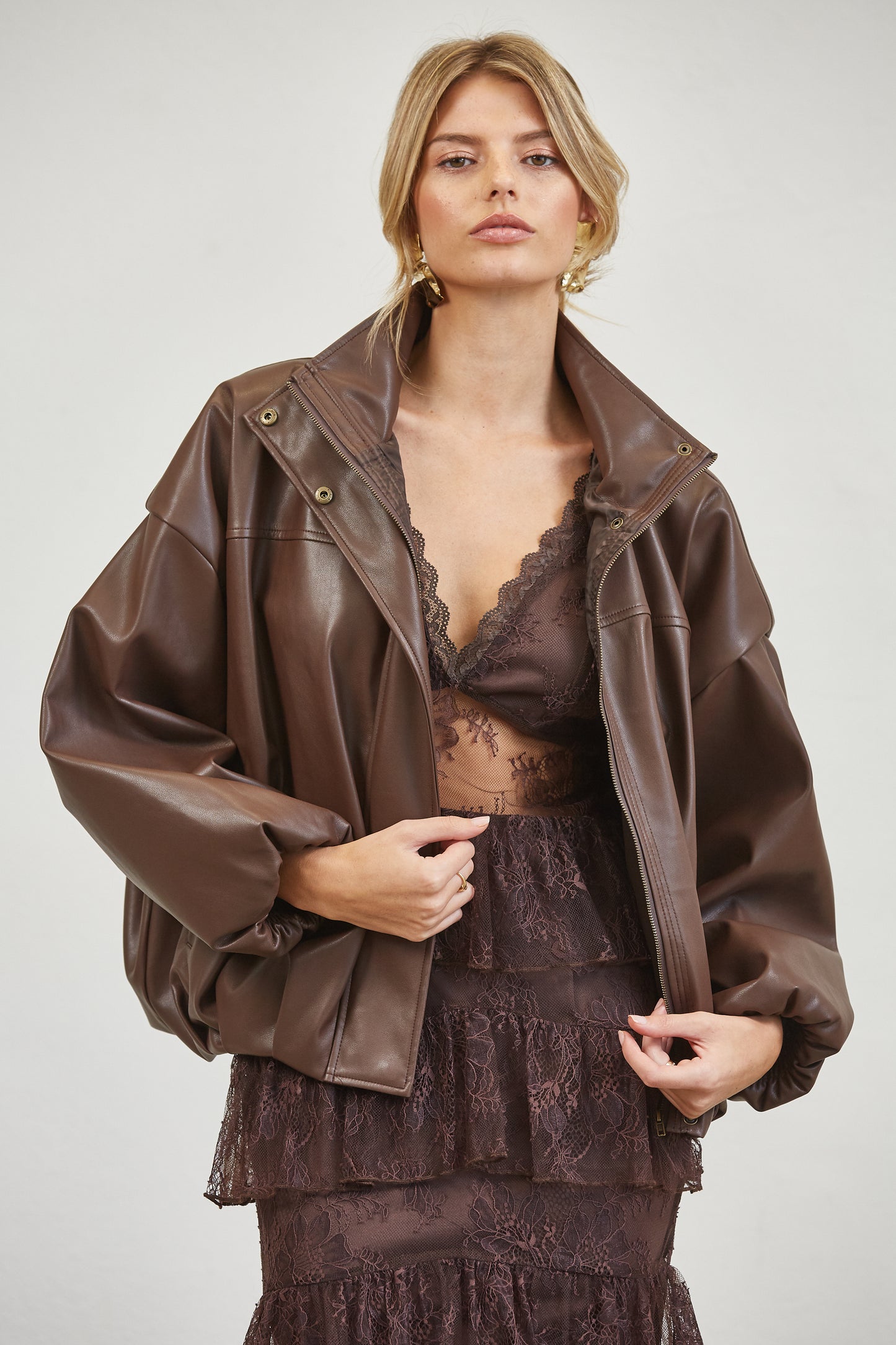 FUNNEL NECK FAUX LEATHER BOMBER JACKET