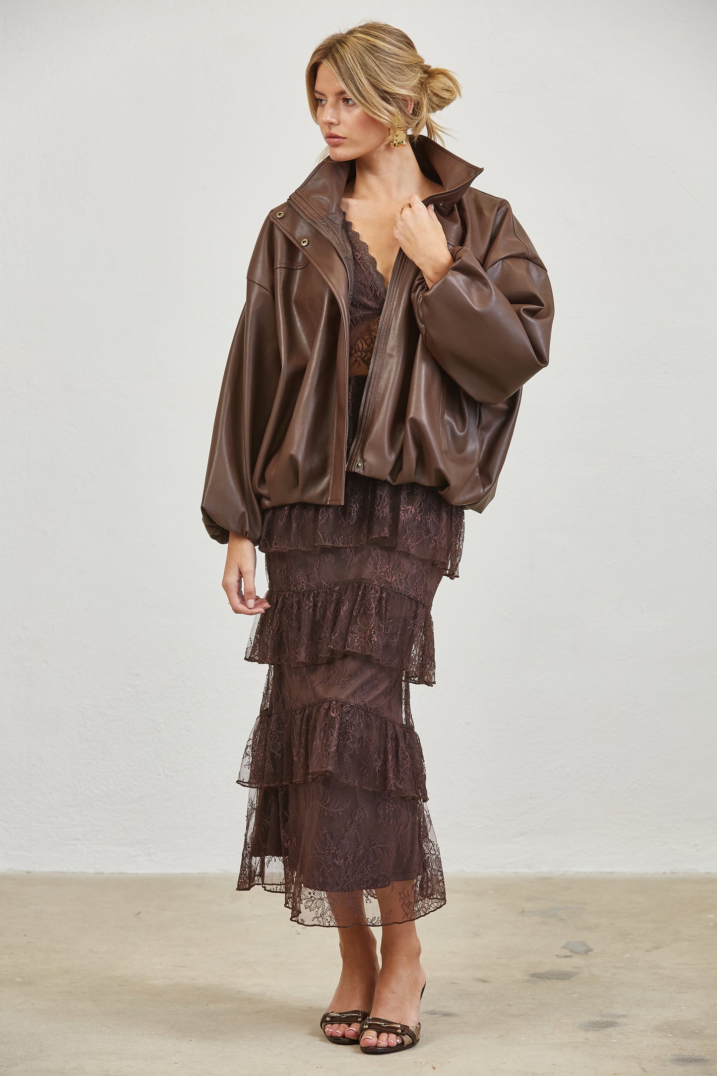 FUNNEL NECK FAUX LEATHER BOMBER JACKET