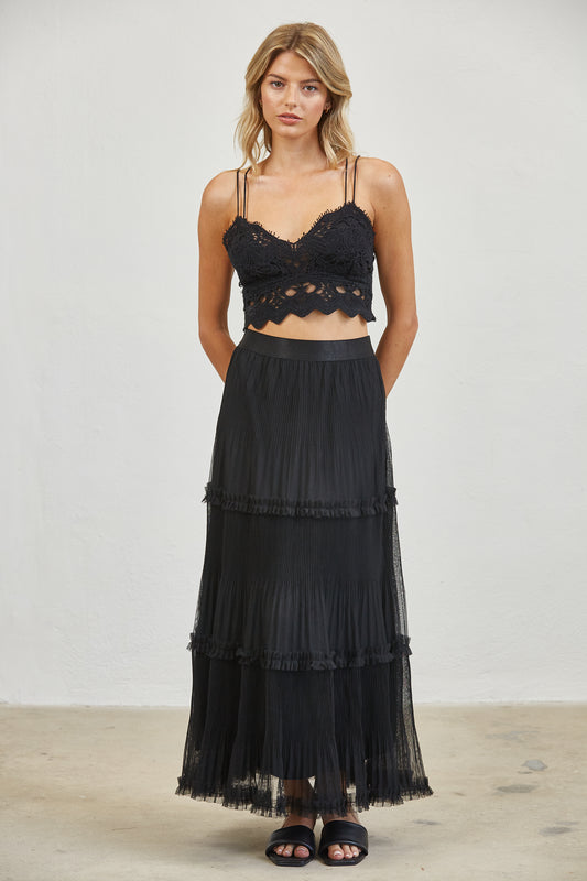 TIERED MESH PLEASTED MAXI SKIRT