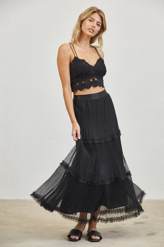 TIERED MESH PLEASTED MAXI SKIRT