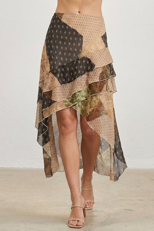 PATCHWORK PRINT ASYMMETRICAL TIERED MIDI SKIRT