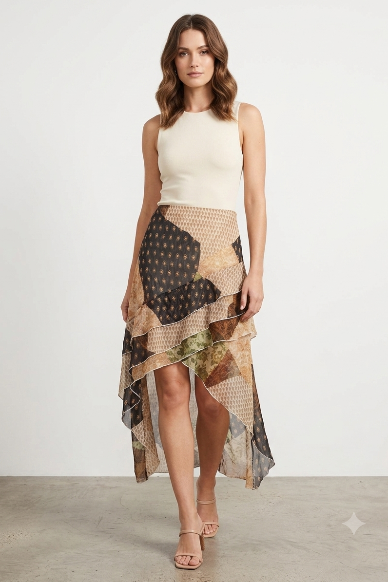 Patchwork Print Asymmetrical Tiered Midi Skirt