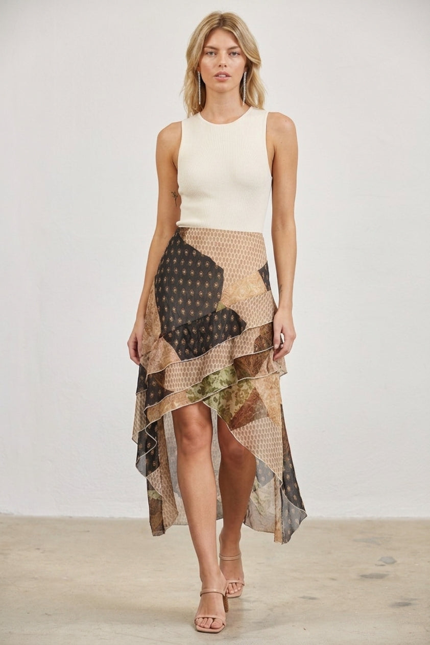 PATCHWORK PRINT ASYMMETRICAL TIERED MIDI SKIRT