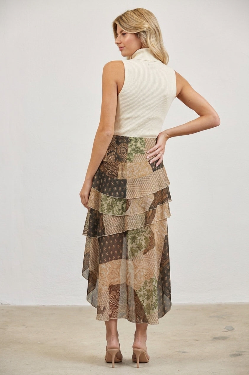 PATCHWORK PRINT ASYMMETRICAL TIERED MIDI SKIRT