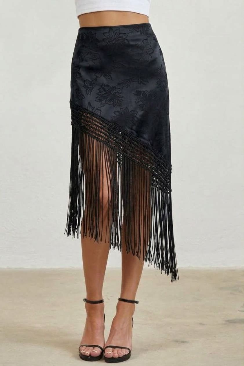 FLORAL JACQUARD FRINGE ASYMMETRICAL MIDI SKIRT