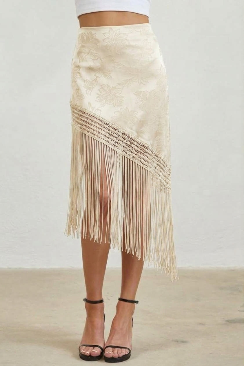 FLORAL JACQUARD FRINGE ASYMMETRICAL MIDI SKIRT