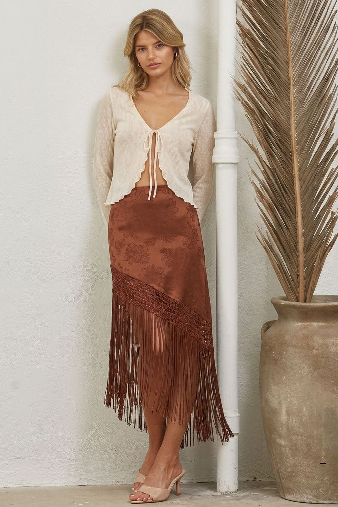 FLORAL JACQUARD FRINGE ASYMMETRICAL MIDI SKIRT