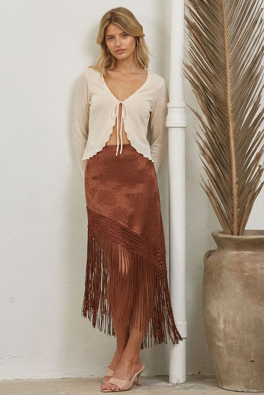 FLORAL JACQUARD FRINGE ASYMMETRICAL MIDI SKIRT