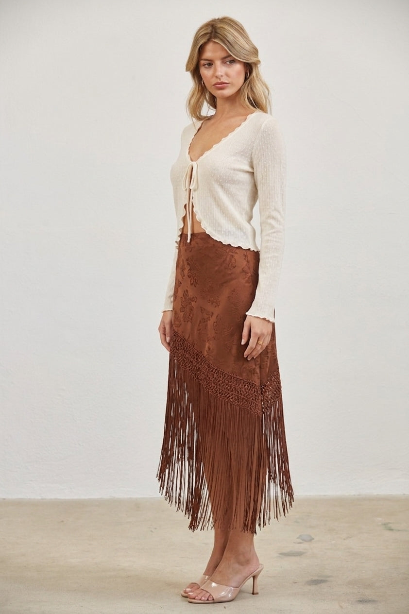 FLORAL JACQUARD FRINGE ASYMMETRICAL MIDI SKIRT