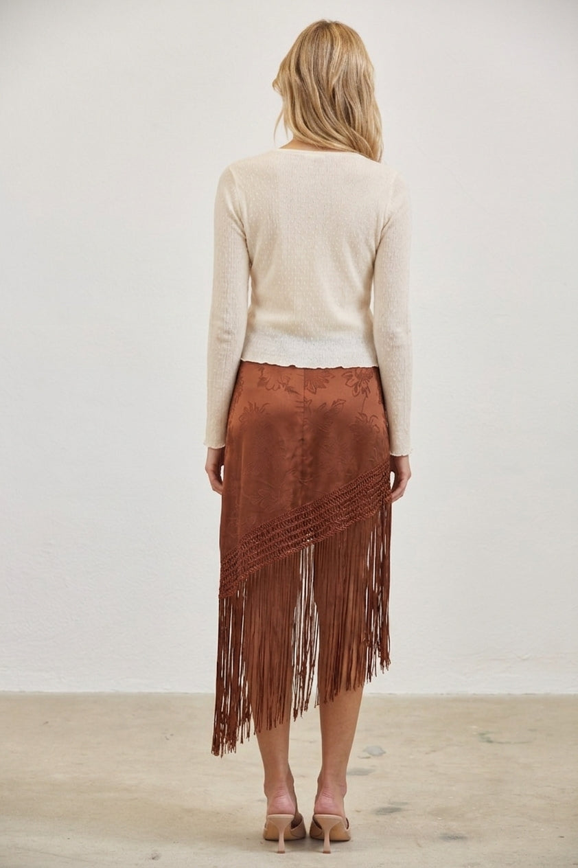 FLORAL JACQUARD FRINGE ASYMMETRICAL MIDI SKIRT