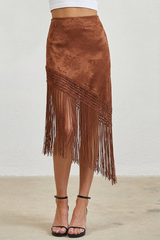 FLORAL JACQUARD FRINGE ASYMMETRICAL MIDI SKIRT