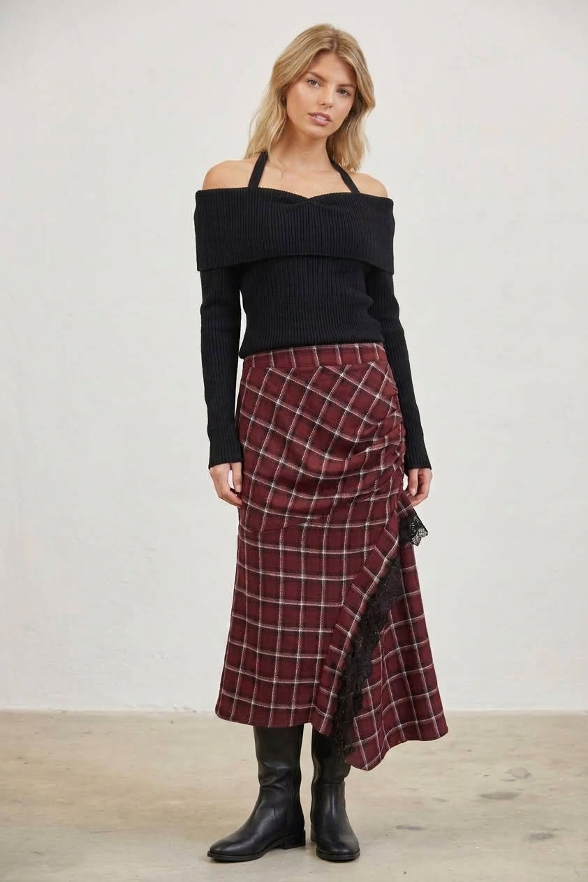 PLAID RUCHED LACE TRIM ASYMMETRICAL MIDI SKIRT