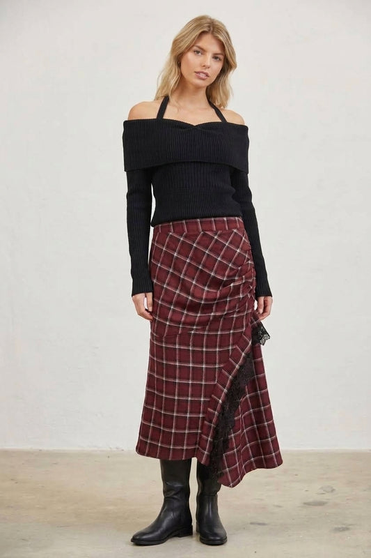 PLAID RUCHED LACE TRIM ASYMMETRICAL MIDI SKIRT