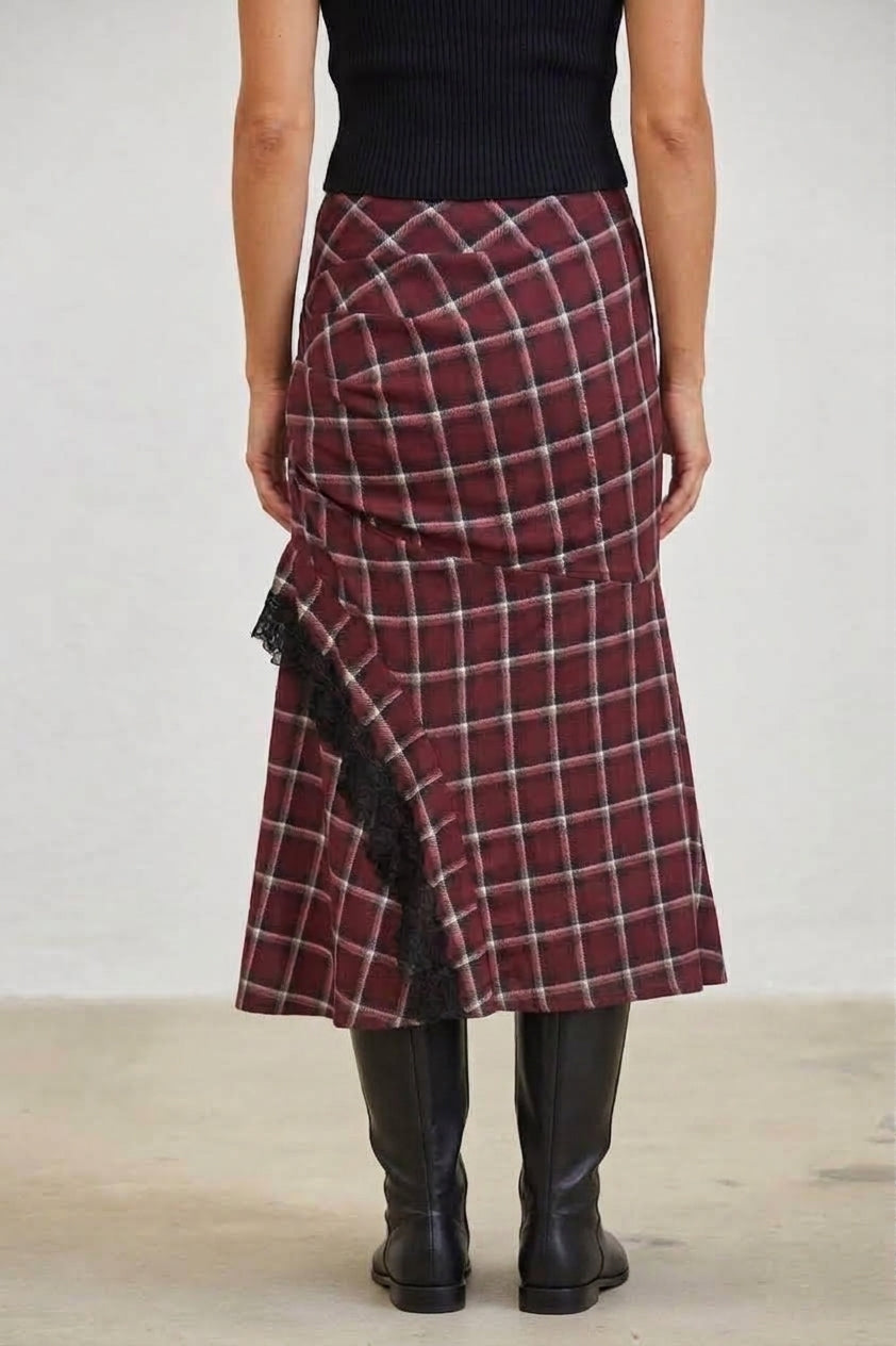 PLAID RUCHED LACE TRIM ASYMMETRICAL MIDI SKIRT