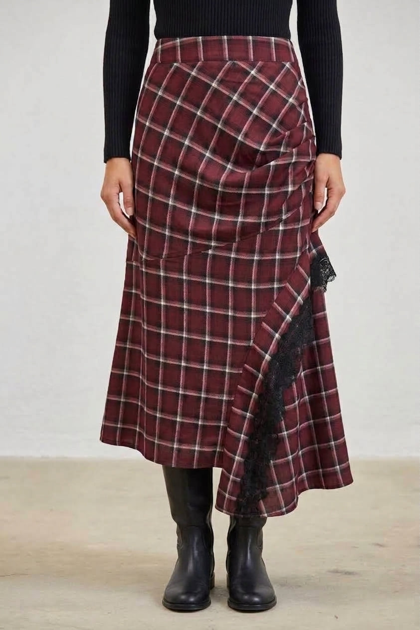 PLAID RUCHED LACE TRIM ASYMMETRICAL MIDI SKIRT