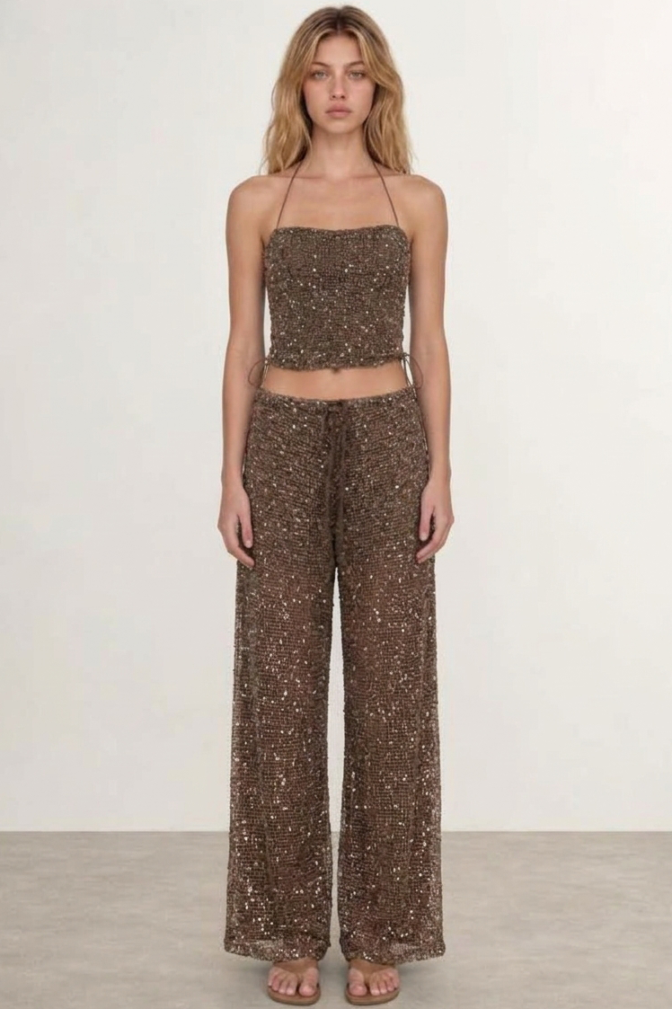 Sequin Crochet Halter Top & Wide-Leg Pants Set