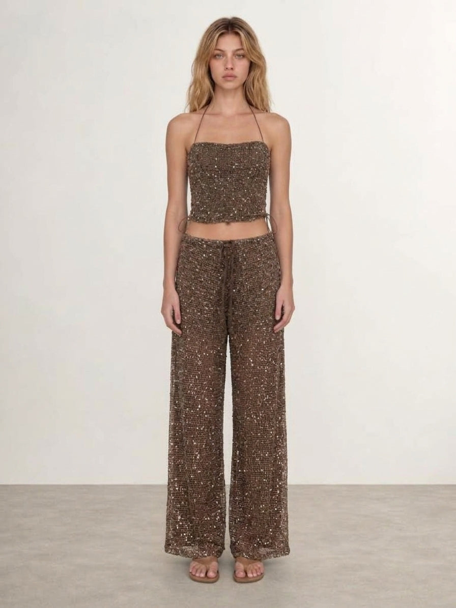 Sequin Crochet Halter Top & Wide-Leg Pants Set