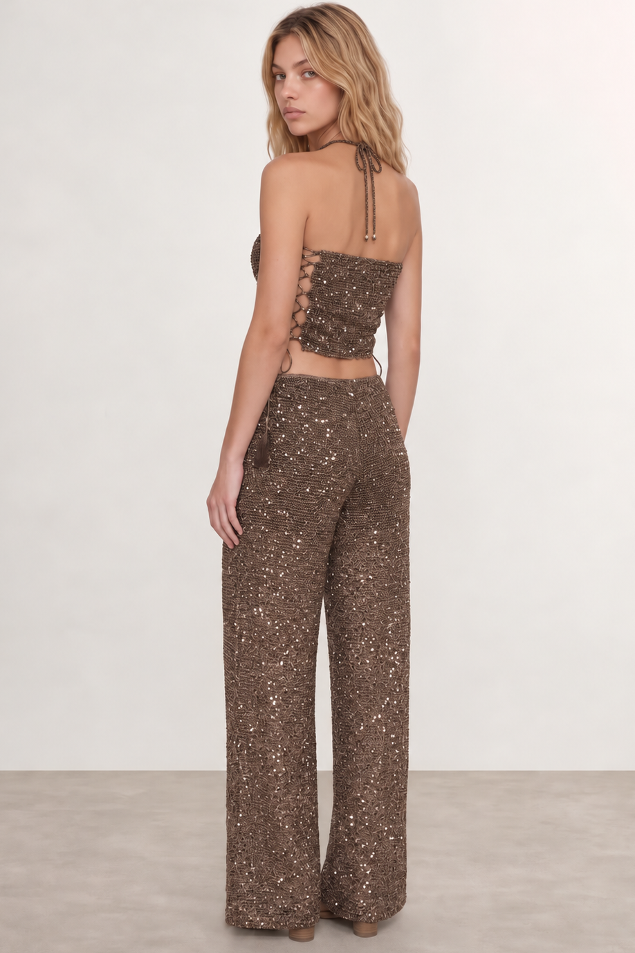 Sequin Crochet Halter Top & Wide-Leg Pants Set