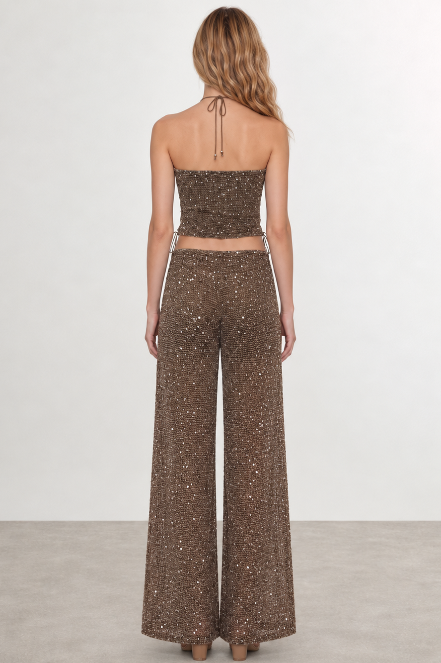 Sequin Crochet Halter Top & Wide-Leg Pants Set
