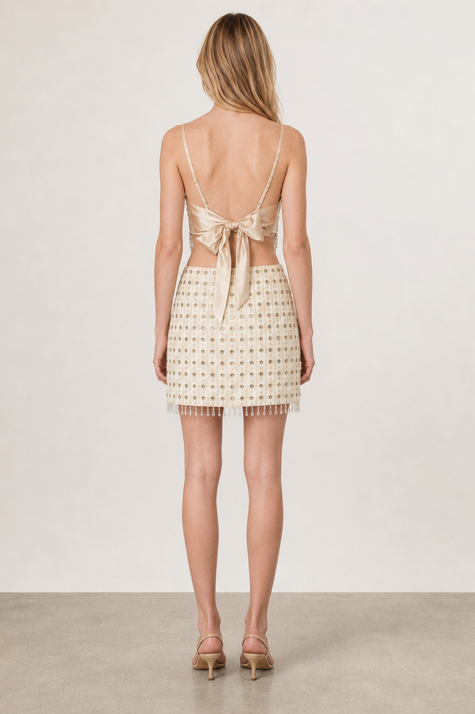 Mirror Embellished Tie-Back Top & Mini Skirt Set