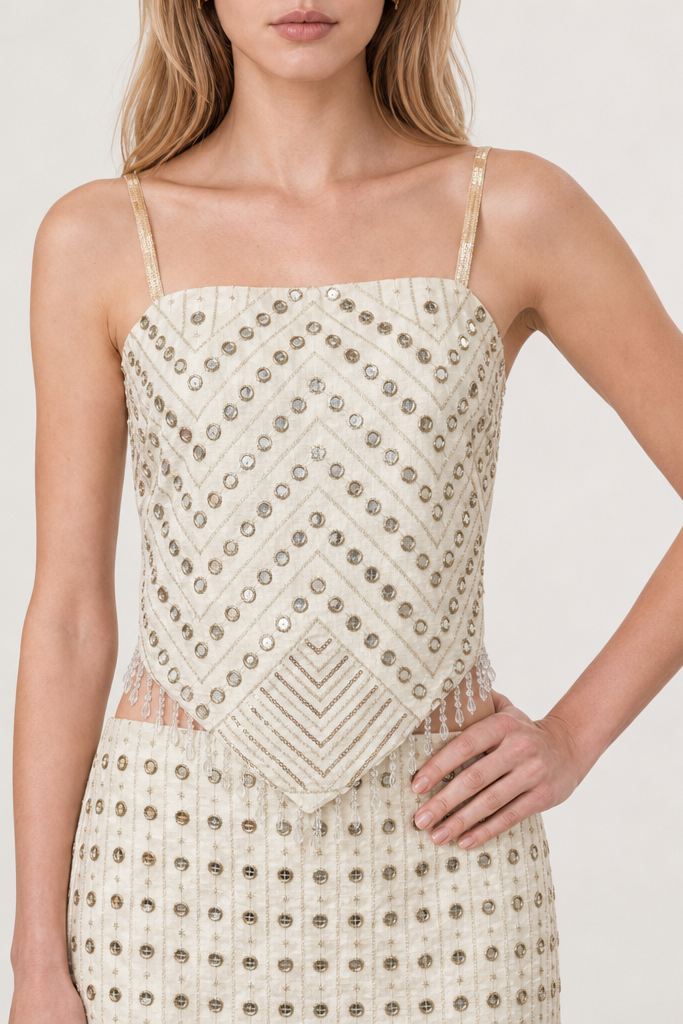 Mirror Embellished Tie-Back Top & Mini Skirt Set