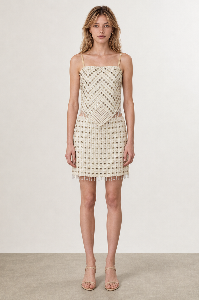Mirror Embellished Tie-Back Top & Mini Skirt Set