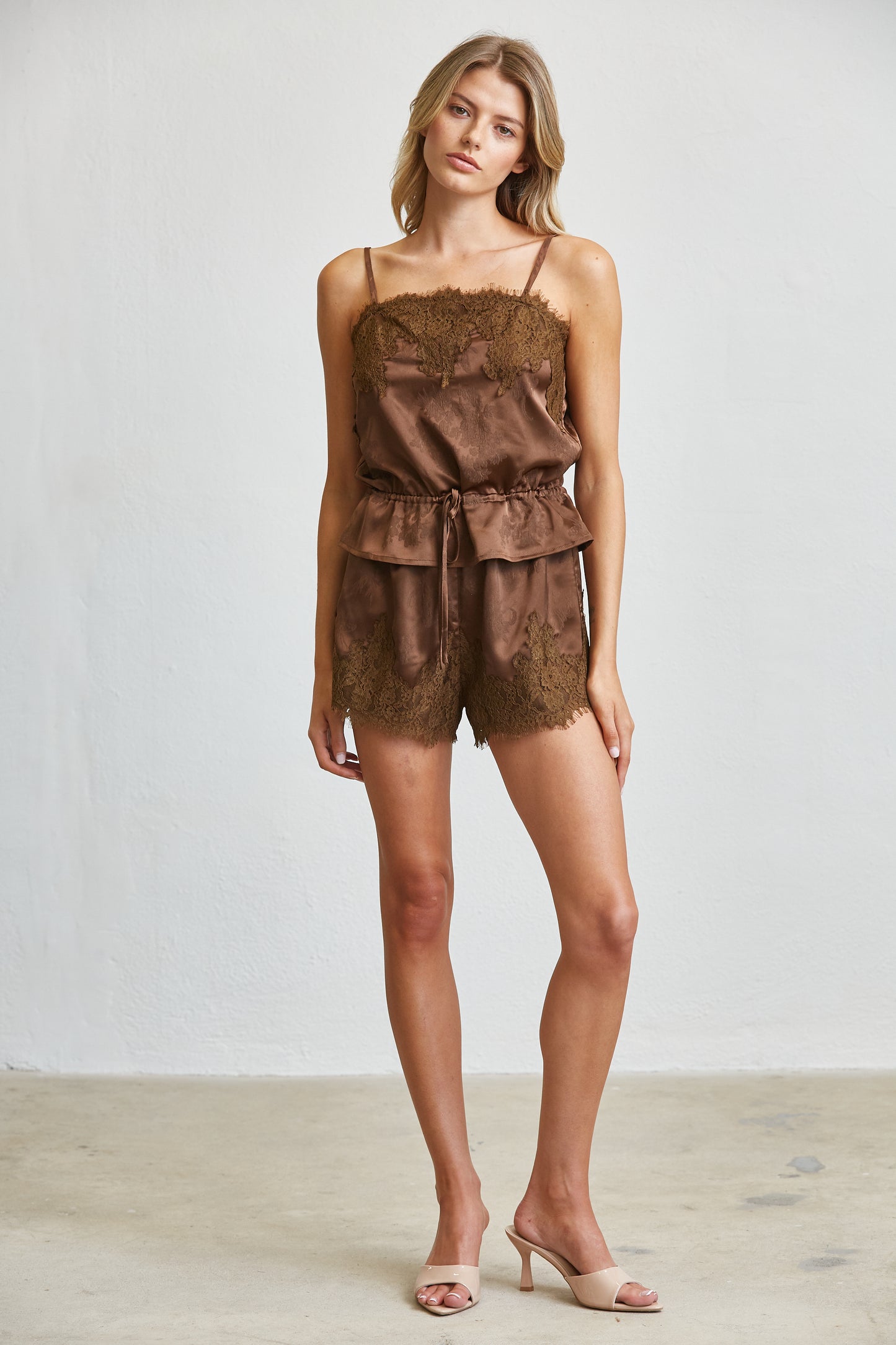 LACE TRIM SATIN CAMI & SHORTS LOUNGE SET