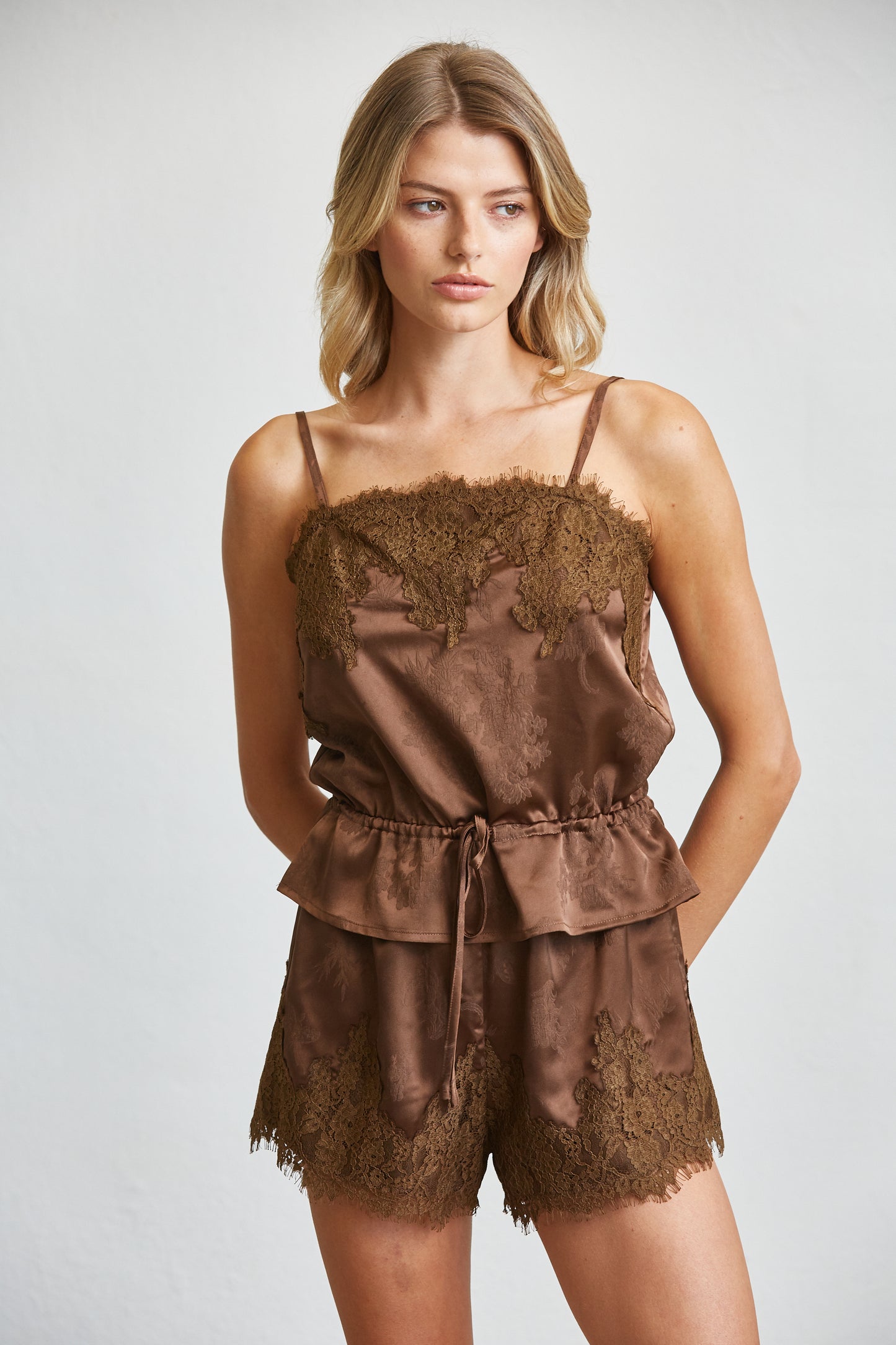 LACE TRIM SATIN CAMI & SHORTS LOUNGE SET