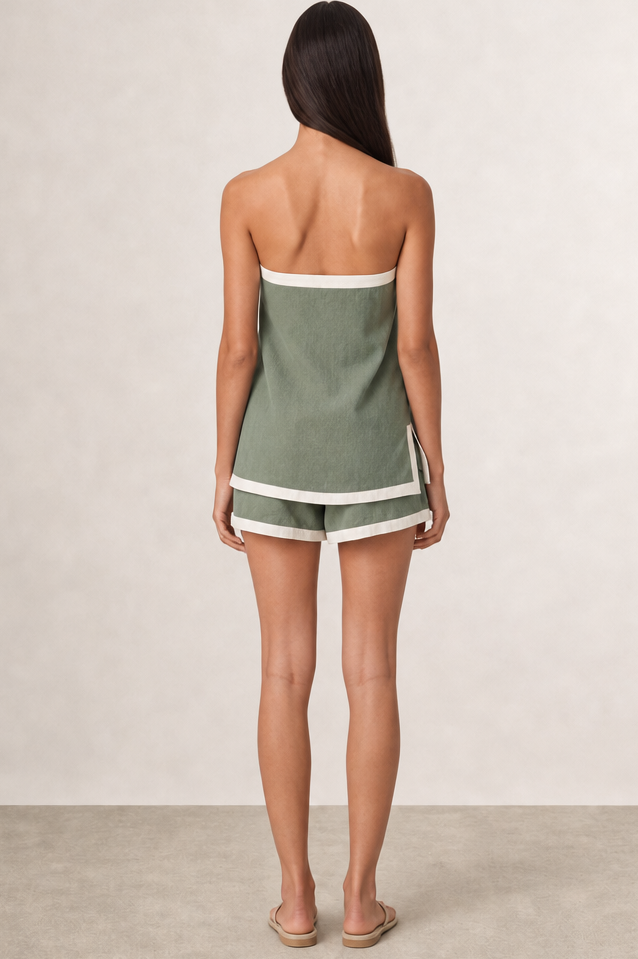 CONTRAST TRIM STRAPLESS TOP WRAP FRONT SLORT SET
