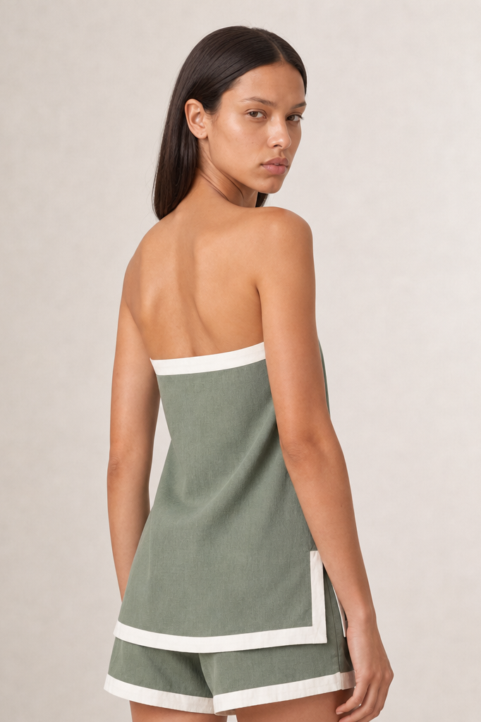 CONTRAST TRIM STRAPLESS TOP WRAP FRONT SLORT SET