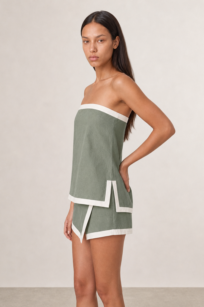 CONTRAST TRIM STRAPLESS TOP WRAP FRONT SLORT SET