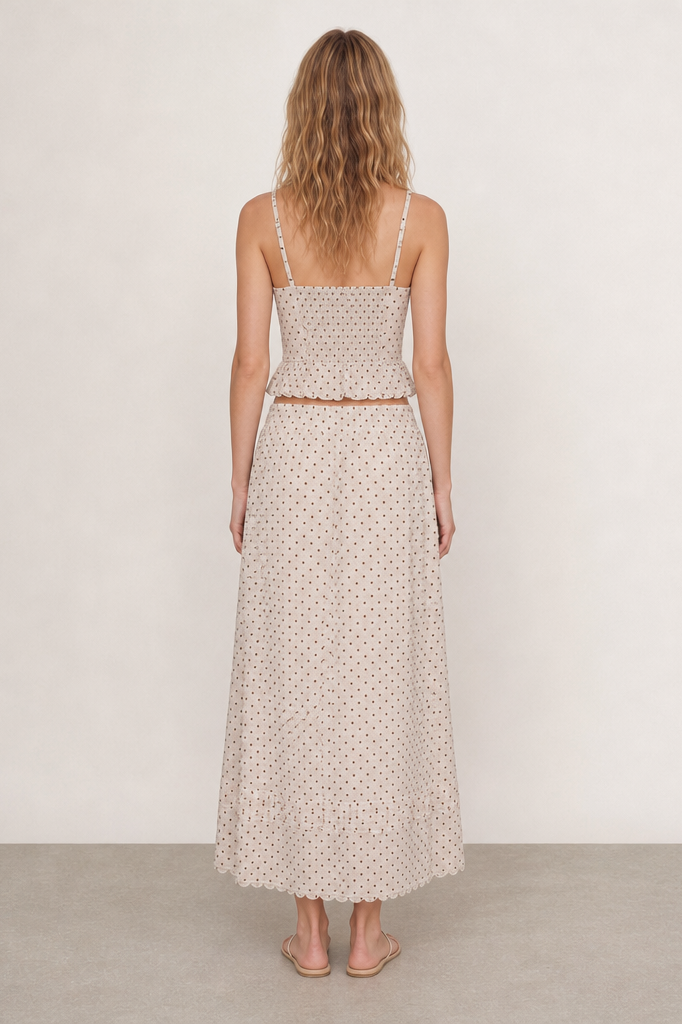 Polka Dot Linen Scallop-Trim Peplum Top & Maxi Skirt Set
