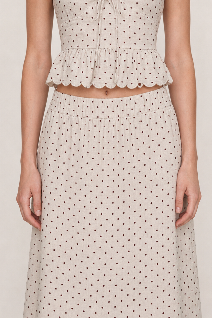 Polka Dot Linen Scallop-Trim Peplum Top & Maxi Skirt Set