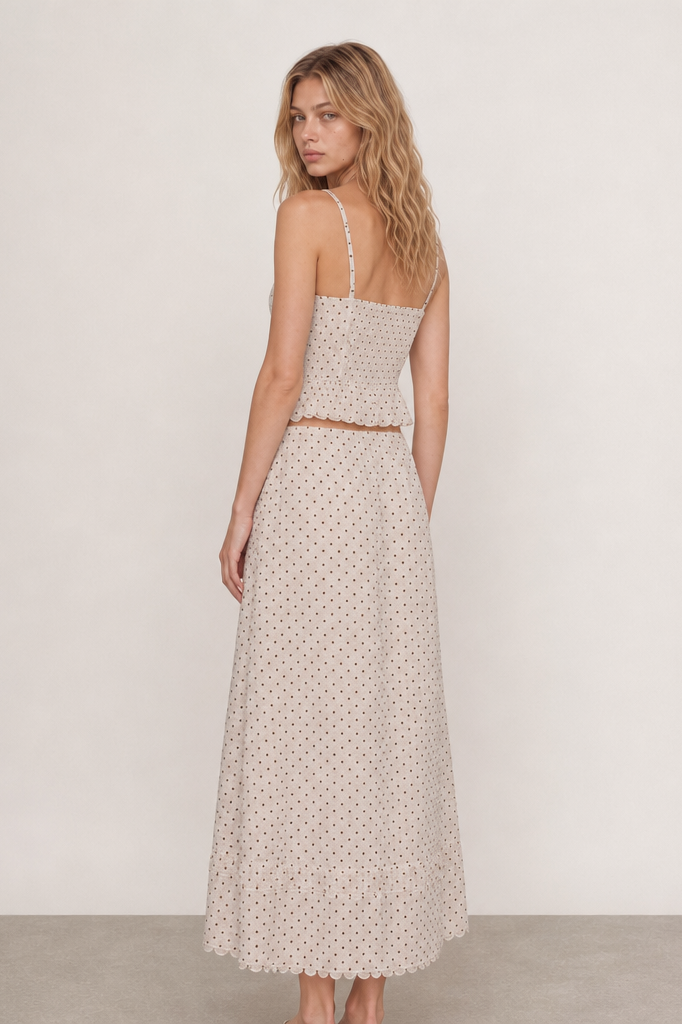 Polka Dot Linen Scallop-Trim Peplum Top & Maxi Skirt Set