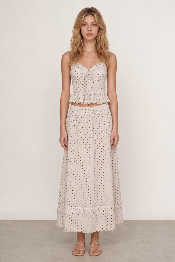 Polka Dot Linen Scallop-Trim Peplum Top & Maxi Skirt Set