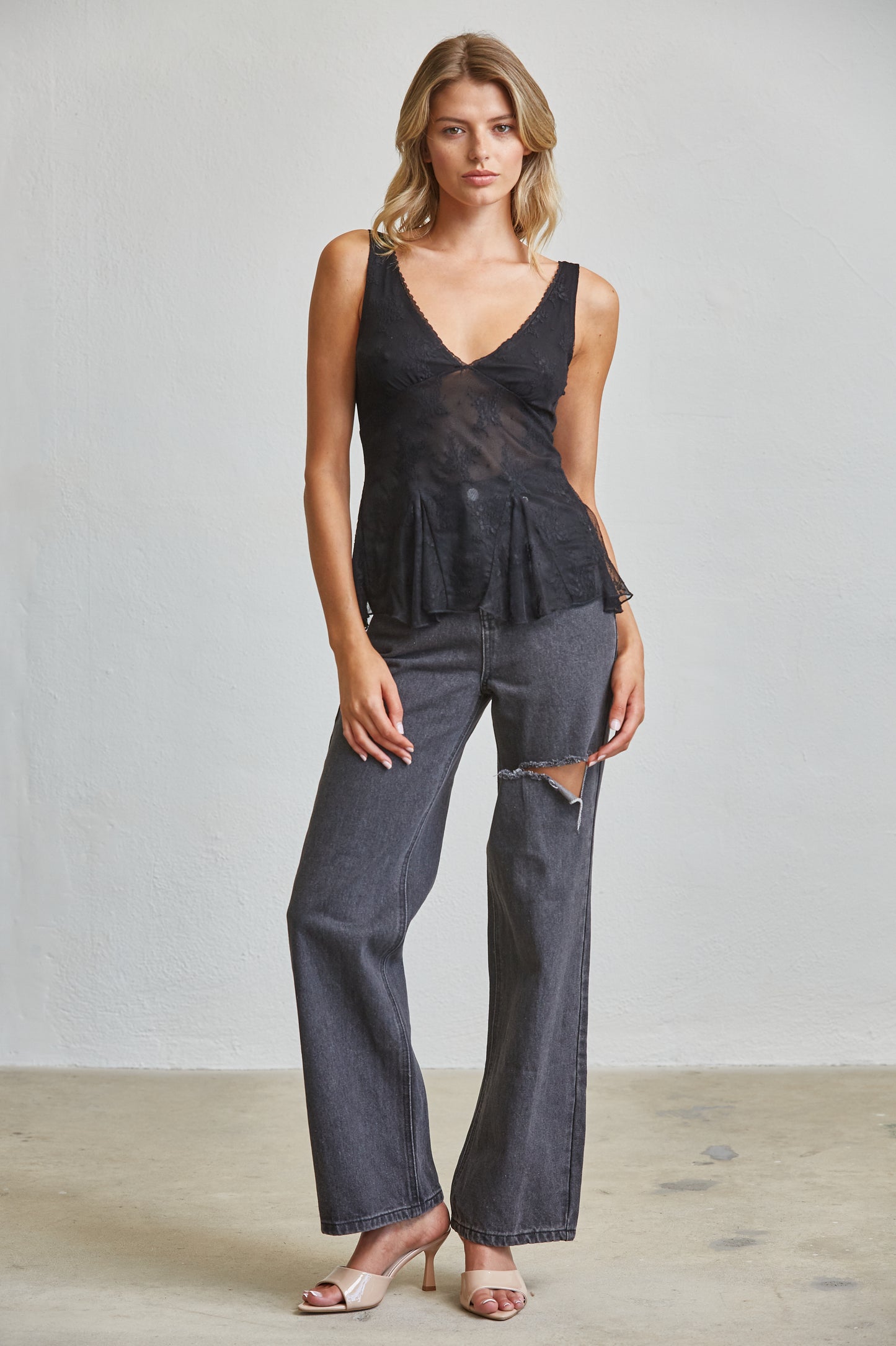 SHEER LACE PEPLUM CAMI TOP