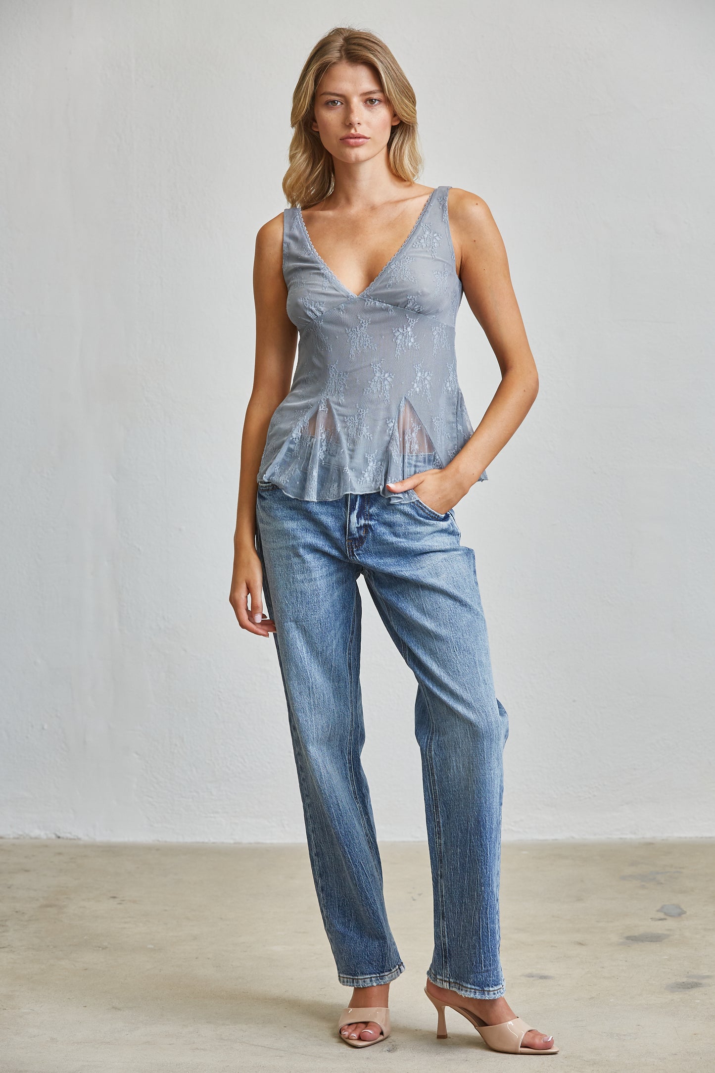 SHEER LACE PEPLUM CAMI TOP