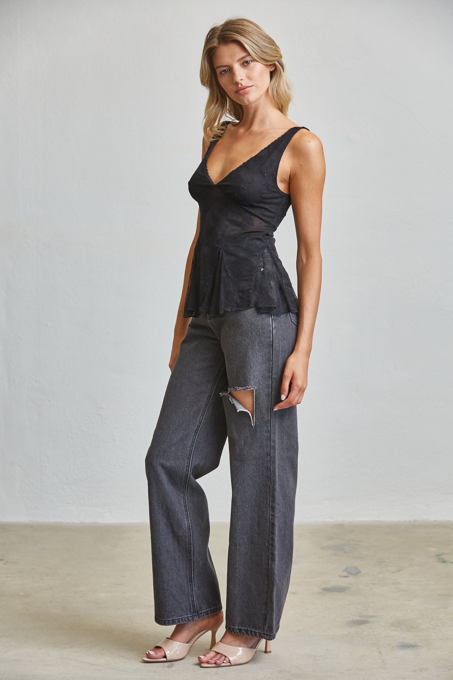 SHEER LACE PEPLUM CAMI TOP