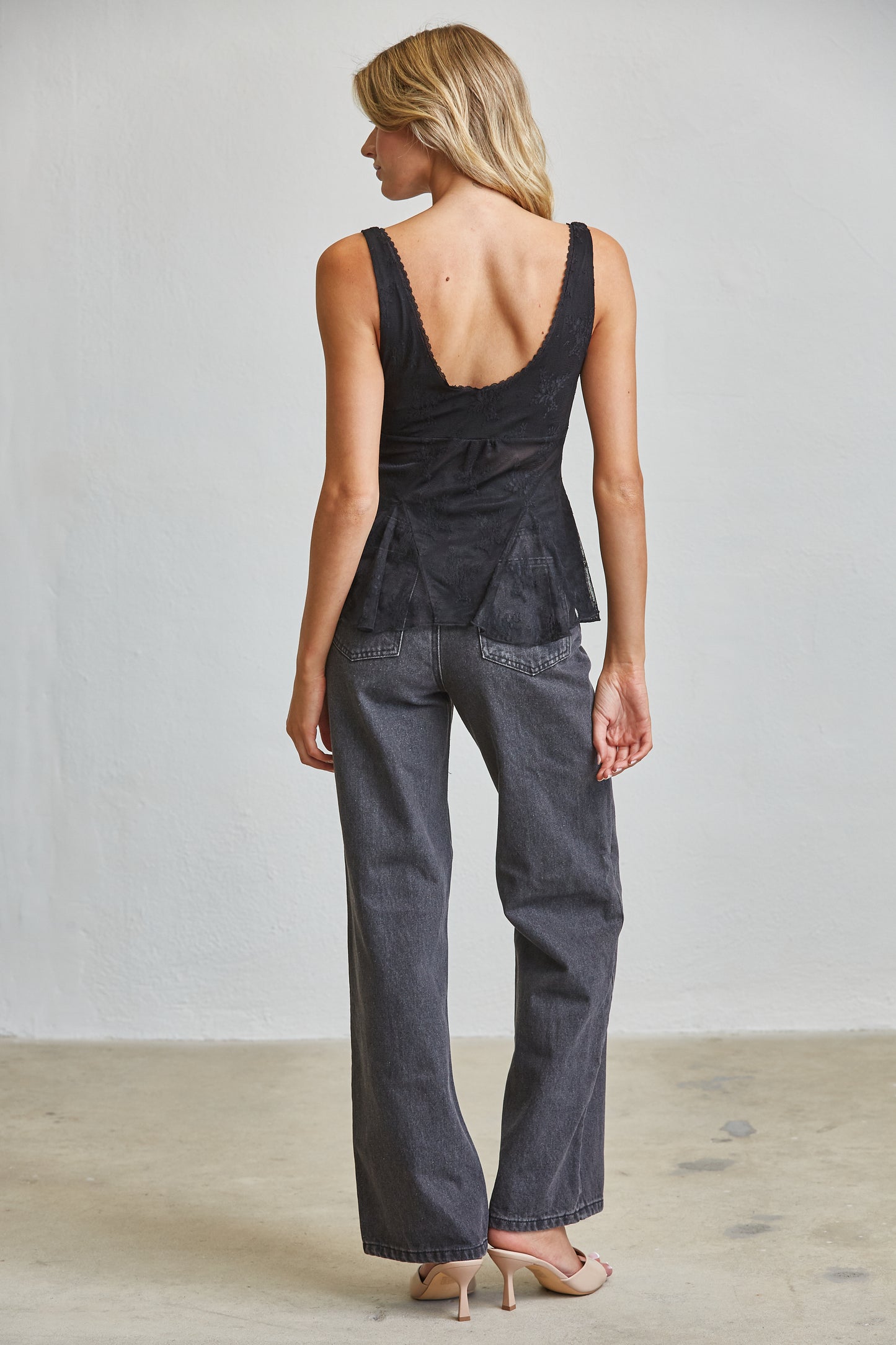 SHEER LACE PEPLUM CAMI TOP