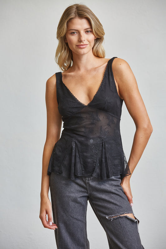 SHEER LACE PEPLUM CAMI TOP - BLACK