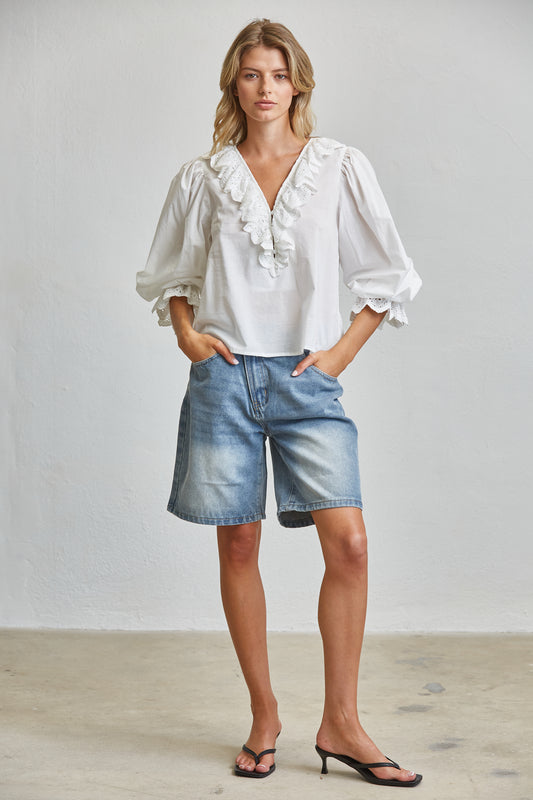 EYELET LACE RUFFLE V NECK PUFF SLEEVE BLOUSE